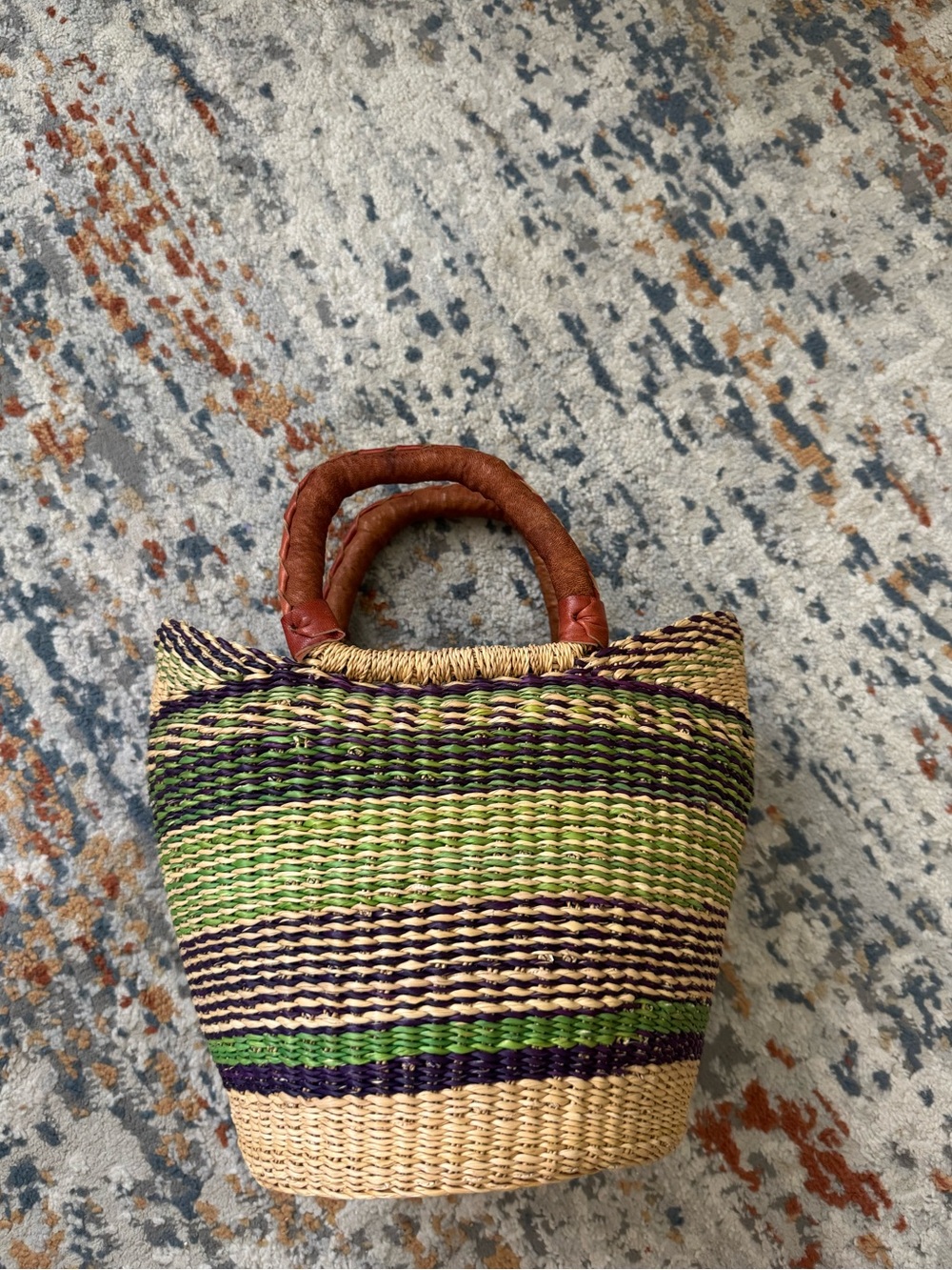 Woven Straw Tote Bag with Green & Purple Stripes